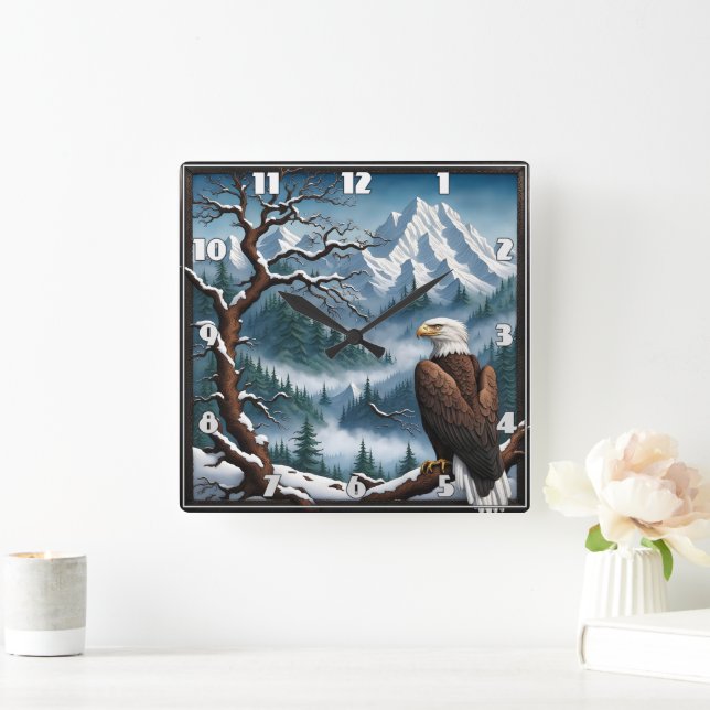 Majestic Eagle Perched in Snowy Mountain liggande Fyrkantig Klocka (Hem)