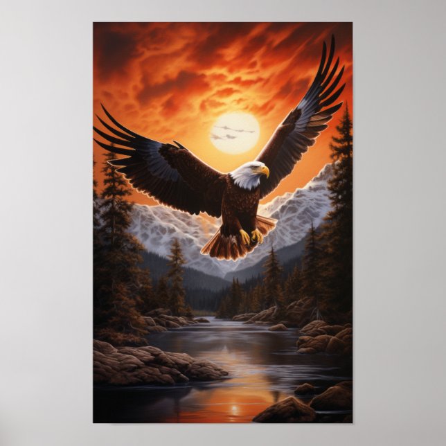 Majestic Eagle Soing Over Stream - Enastående Vild Poster (Framsidan)