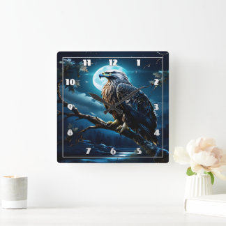 Majestic Eagle under Moonlit Himmel Fyrkantig Klocka