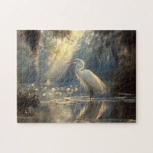 Majestic Egret som står i en solbelyst serensvamp Pussel
