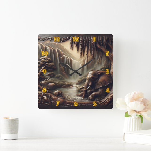 Majestic Elephant by Serene Waterfall at Dusk Fyrkantig Klocka (Hem)