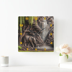 Majestic Elephant by Tranquil Waterfall Scene Fyrkantig Klocka