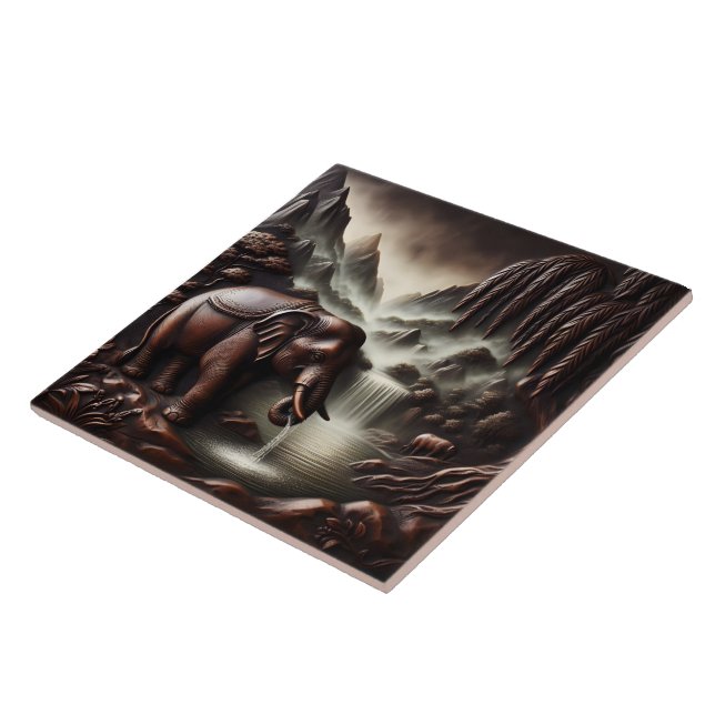 Majestic Elephant Drinking av Serene Waterfall Kakelplatta (Sidan)