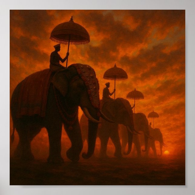Majestic Elephant Procession - Sunset Silhouette Poster (Framsidan)