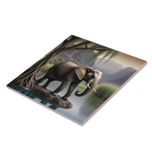 Majestic Elephant vid Tranquil Lakeside Dawn Kakelplatta