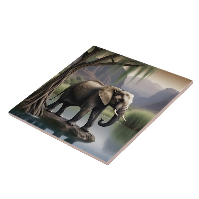 Majestic Elephant vid Tranquil Lakeside Dawn Kakelplatta (Sidan)