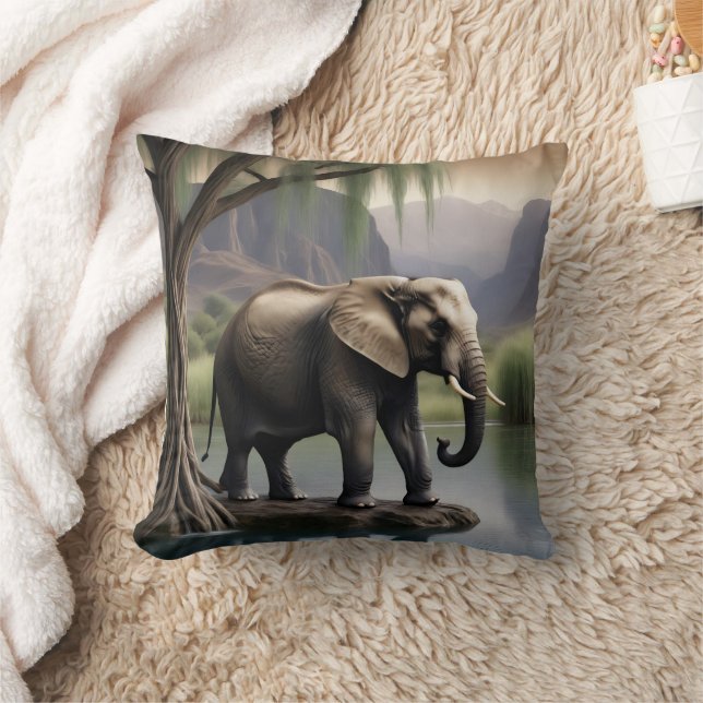 Majestic Elephant vid Tranquil Lakeside Dawn Kudde (Filt)