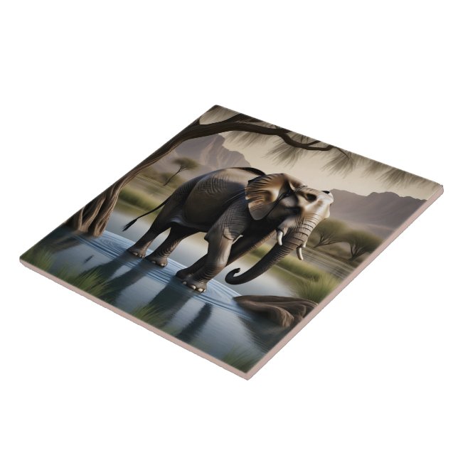 Majestic Elephant Wading in Serene Vatten at Dawn Kakelplatta (Sidan)
