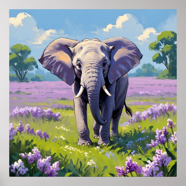 Majestic Elephant Walking in Lilac Fält Painting Poster (Framsidan)