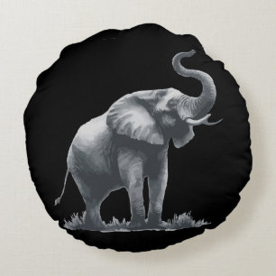 Majestic Elephant with Razed Trunk Grått Black Rund Kudde