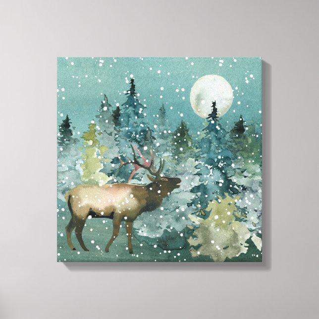 Majestic Elk i Forest Full Moon Snowfall Canvastryck (Framsida)