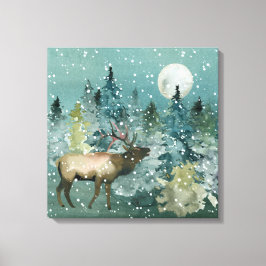 Majestic Elk i Forest Full Moon Snowfall Canvastryck