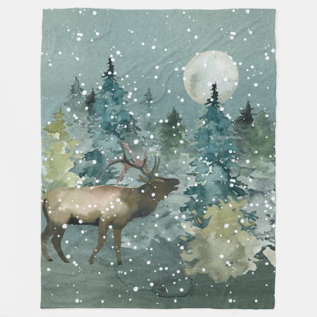 Majestic Elk i Forest Full Moon Snowfall Fleecefilt (Framsidan)