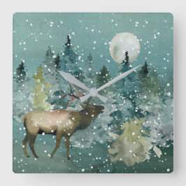 Majestic Elk i Forest Full Moon Snowfall Fyrkantig Klocka