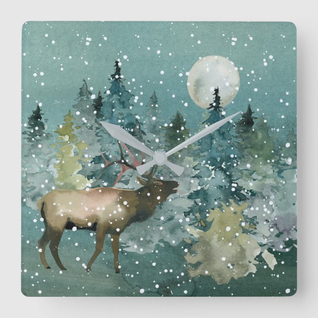 Majestic Elk i Forest Full Moon Snowfall Fyrkantig Klocka (Framsida)