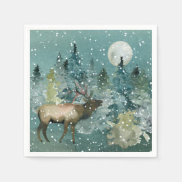 Majestic Elk in Forest Full Moon Snowfall Helgdag Pappersservett