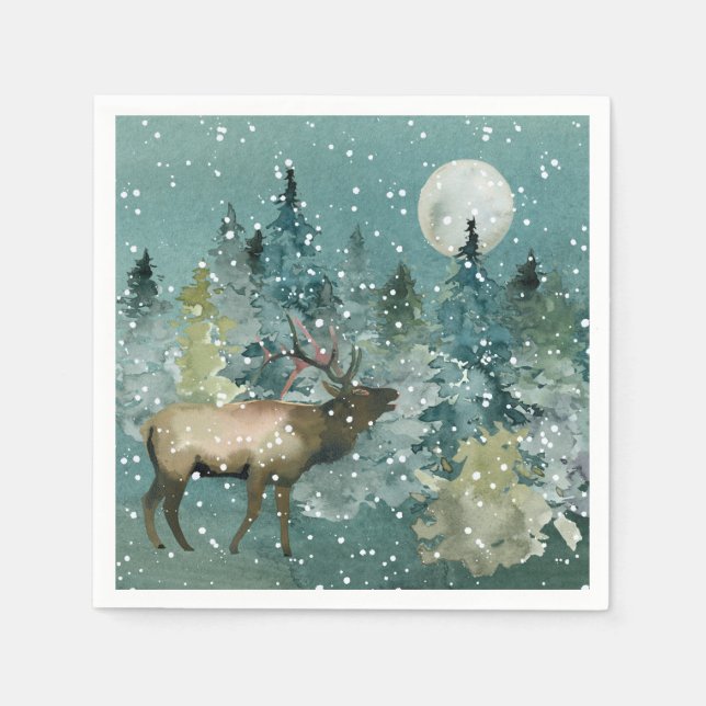 Majestic Elk in Forest Full Moon Snowfall Helgdag Pappersservett (Framsidan)