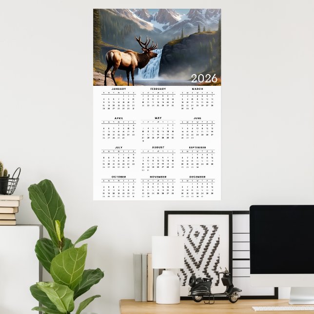 Majestic Elk & Mountain Waterfall 2026 Calendar Poster (Hemmakontoret)