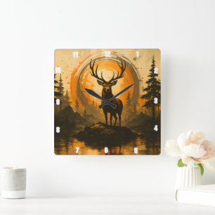 Majestic Elk Stående Proudly Sten Forest Fyrkantig Klocka
