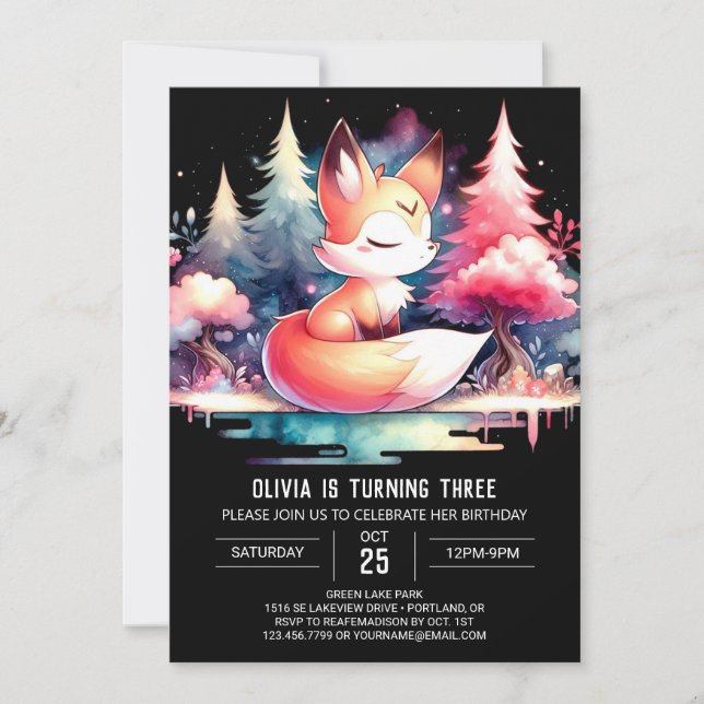Majestic Fantasy Fox Birthday digital Inbjudningar (Framsida)