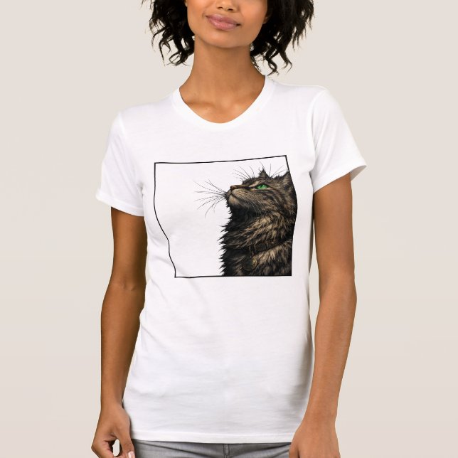 Majestic Fluffy Cat Green Eyes Portrait T Shirt (Framsida)