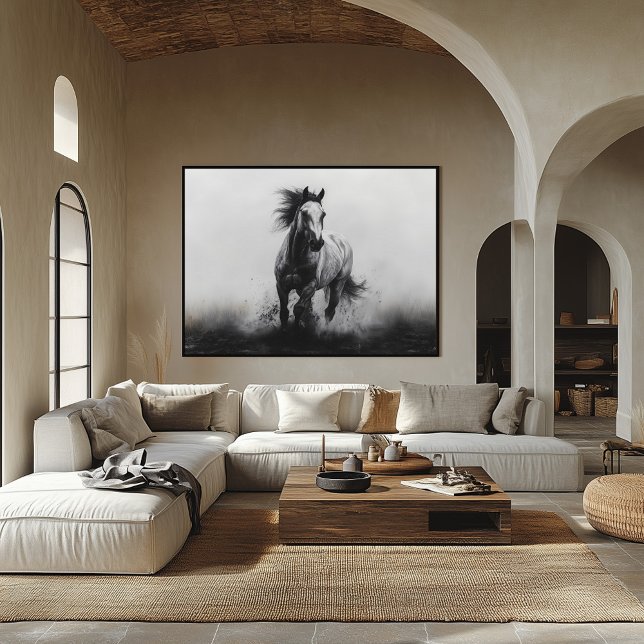 Majestic Galloping Horse in Black and White Poster (Skapare uppladdad)