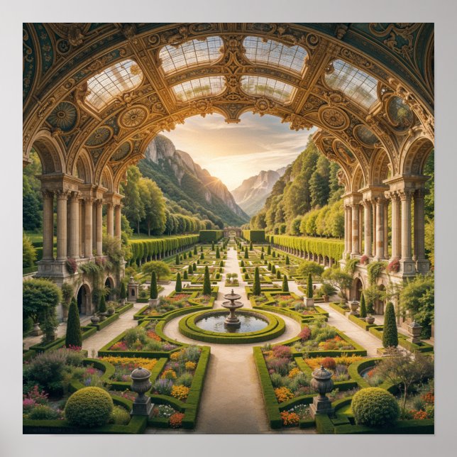 Majestic Garden at Dawn - Architectural Elegance Poster (Framsidan)