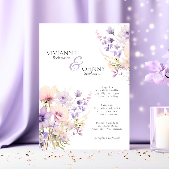 Majestic Garden WildblommLavender Bröllop Inbjudningar (Majestic Garden Wildflowers Lavender Wedding Invitation)
