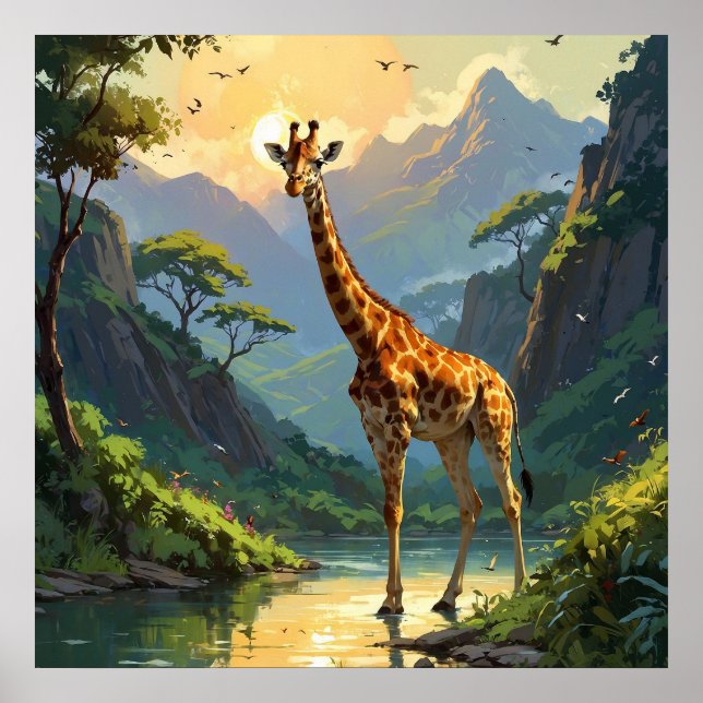 Majestic Giraffe in Nature Wildlife Painting Poster (Framsidan)