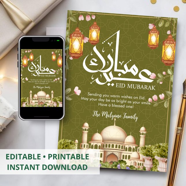 Majestic Golden Mosque and Lanterns Eid Card Julkort (Skapare uppladdad)
