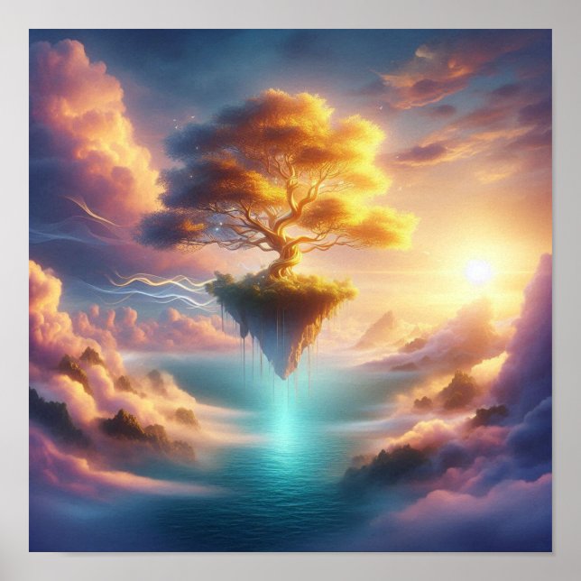 Majestic Golden Tree Over Dreamlike Ocean Skies Poster (Framsidan)