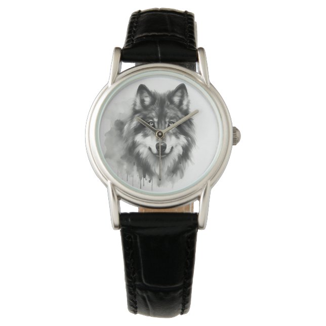 Majestic Grått Varg Stunning Watercolor Wildlife Armbandsur (Framsida)