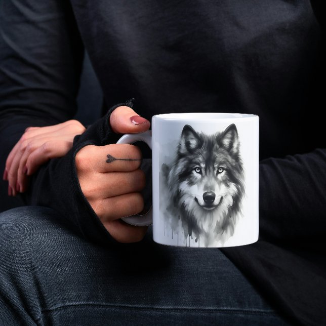 Majestic Grått Varg Stunning Watercolor Wildlife Kaffemugg (Skapare uppladdad)