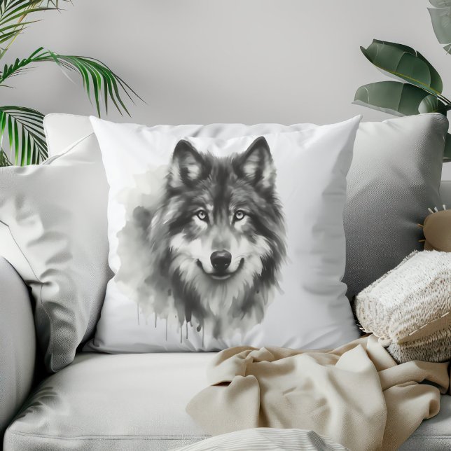 Majestic Grått Varg Stunning Watercolor Wildlife Kudde (Skapare uppladdad)