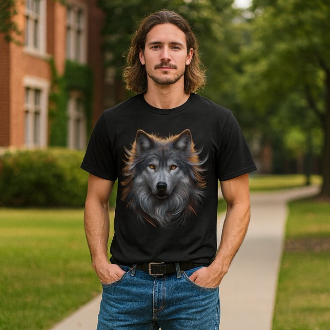 Majestic Gray Wolf with Copper Eyes  T Shirt (“Bold wolf art meets campus cool perfect for students who lead with instinct, style, and strength.”)