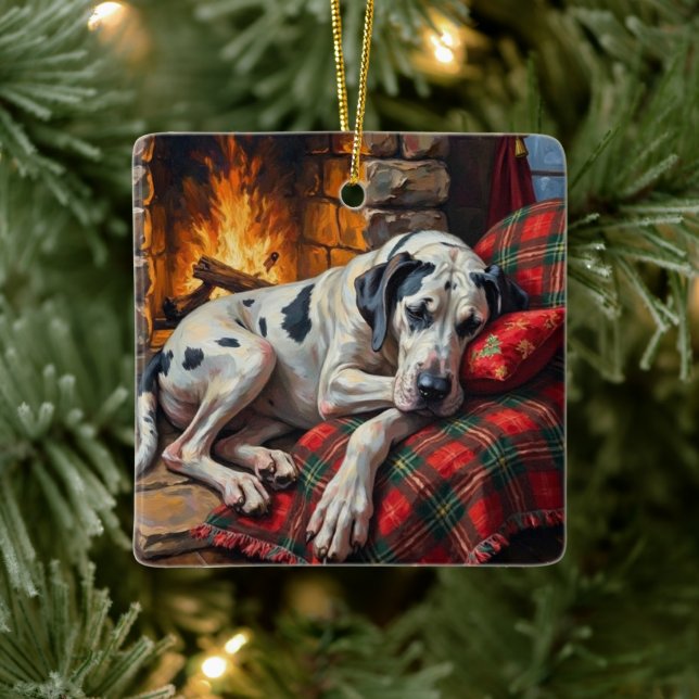 Majestic Great Dane Asleep by Fireplace Cozy Julgransprydnad Keramik (Träd)