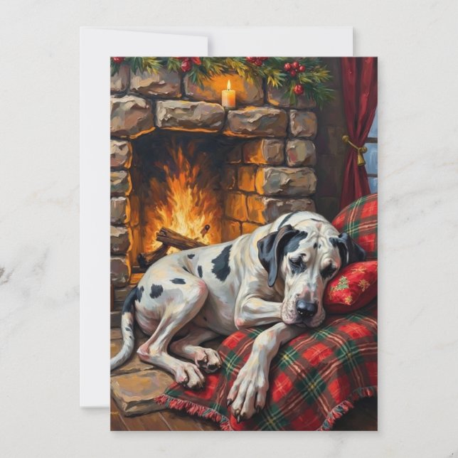 Majestic Great Dane Asleep by Fireplace Cozy Julkort (Framsida)