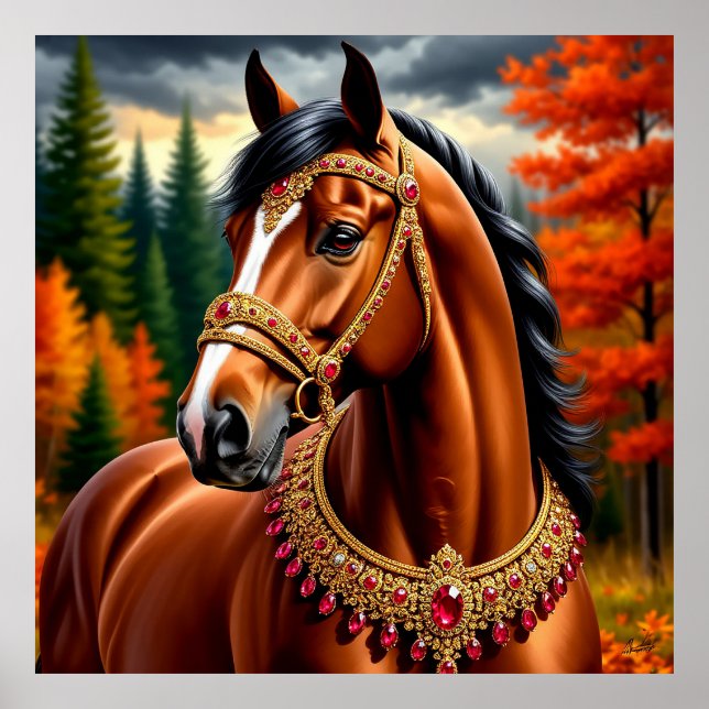 Majestic Horse med Ornate Guld Harness Poster (Framsidan)