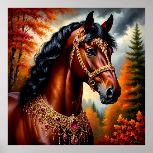 Majestic Horse med Ornate Guld Harness Poster (Framsidan)