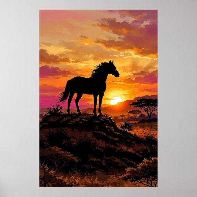 Majestic Horse Silhouette at Sunset Poster | Elega (Framsidan)