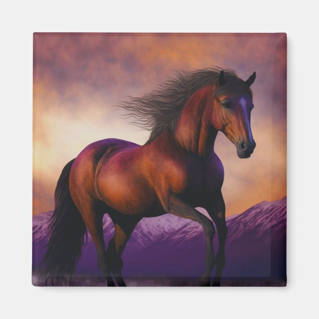 Majestic Horse Stallion Animal Mountain Sunset Magnet (Framsidan)