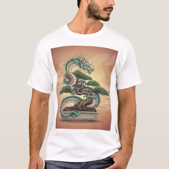 Majestic Japanese Dragon & Bonsai Tree Vector Illu T Shirt (Framsida)