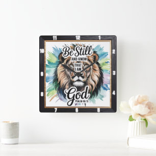 Majestic Lejon inspirational Faith Psalm 46:10 Fyrkantig Klocka