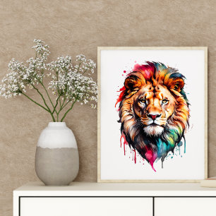 Majestic Lejon Rainbow Watercolor Stänk Art Poster