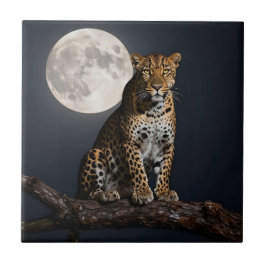Majestic Leopard and Full Moon   Kakelplatta