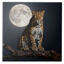 Majestic Leopard and Full Moon   Kakelplatta