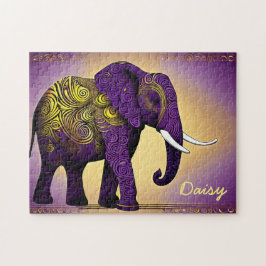 Majestic Lila Elephant with Golden Swirls Pussel