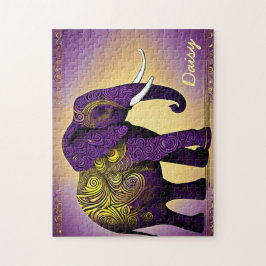 Majestic Lila Elephant with Golden Swirls Pussel
