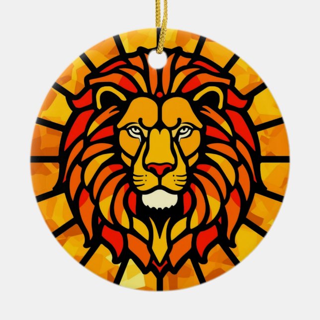 Majestic Lion Sunburst Circle Design Julgransprydnad Keramik (Framsidan)
