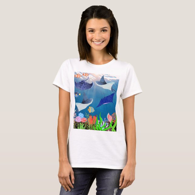 Majestic Mantas and Corals Reef Oceanic  T Shirt (Hel framsida)